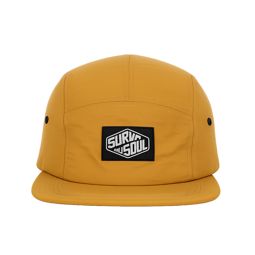 Yellow cap with a black and white logo on a white background