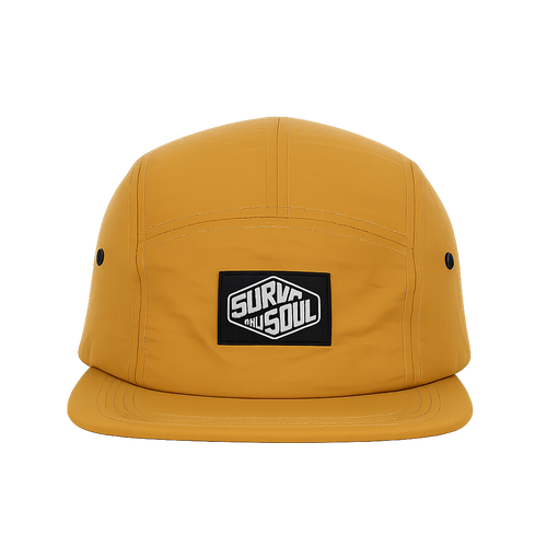 Yellow cap with a black and white logo on a white background