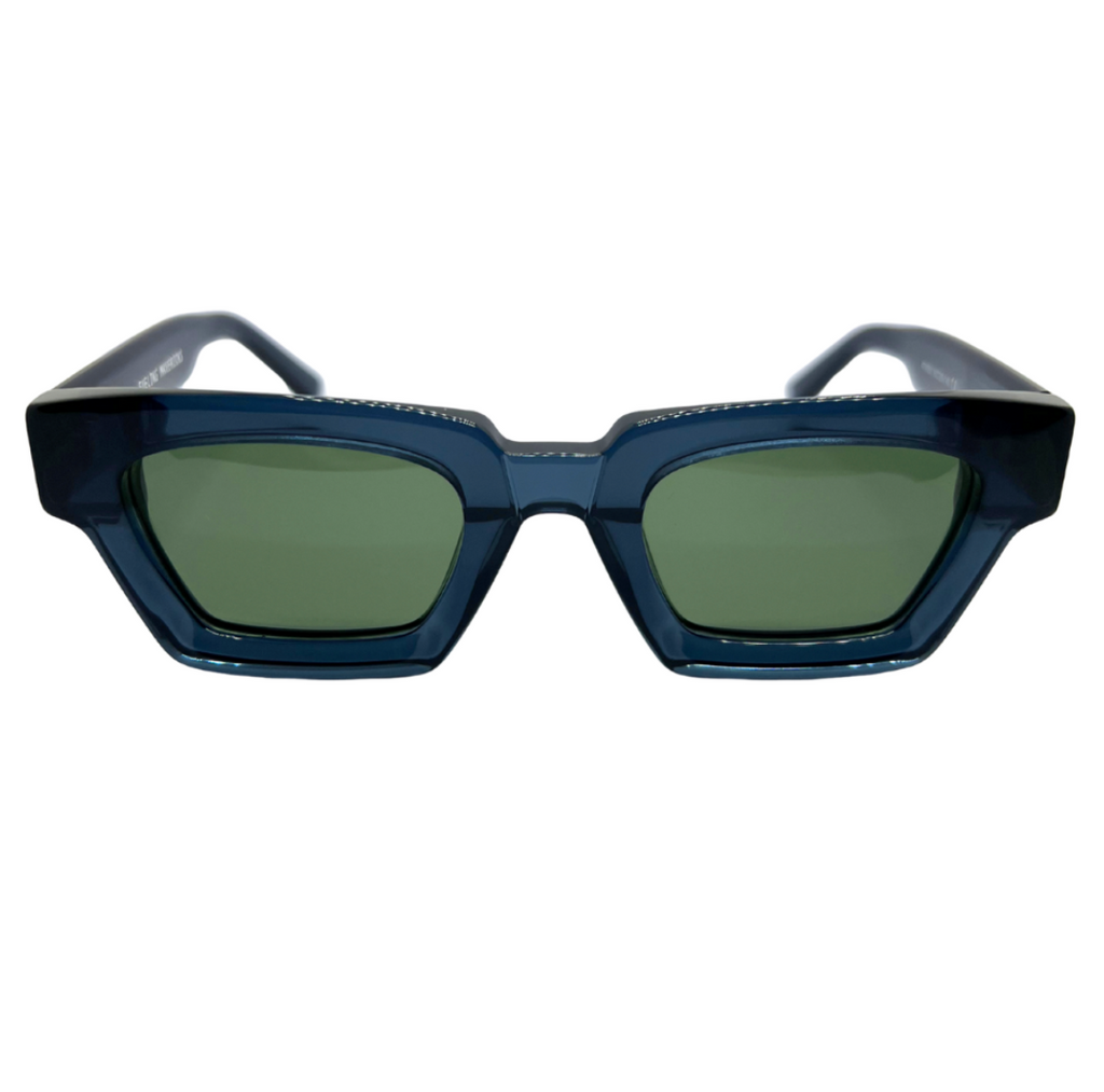 Blue sunglasses with green lenses on a white background