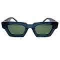 Blue sunglasses with green lenses on a white background