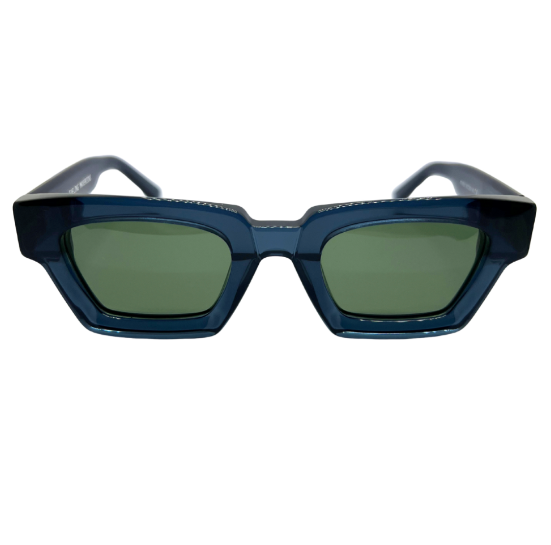 Blue sunglasses with green lenses on a white background