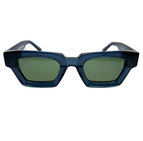 Blue sunglasses with green lenses on a white background